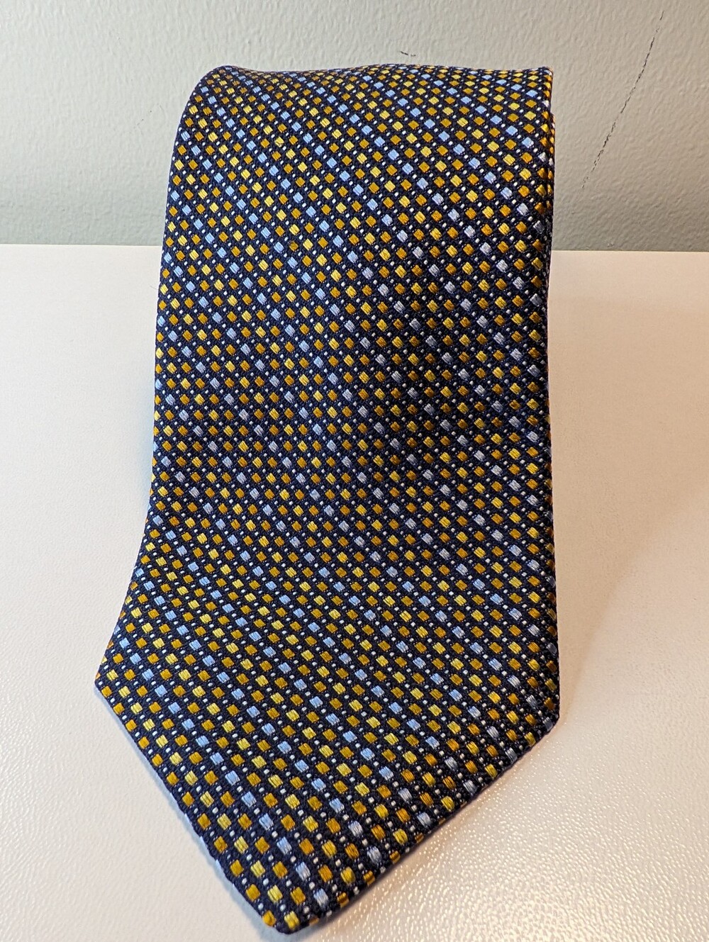 Dion Signature Navy Blue Gold Geometric Silk Men’s Tie Hand Crafted Canada